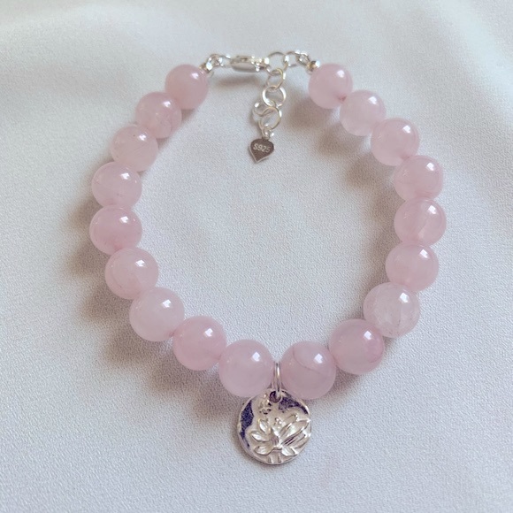 Rose Quartz Sterling Silver Lotus Medallion Charm Bracelet - Picture 3 of 5